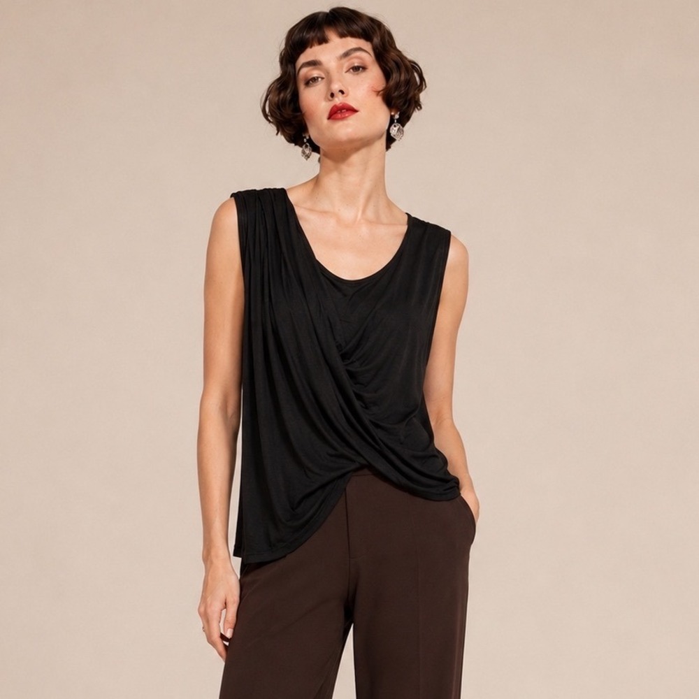 Vince Black Draped Twist Front Sleeveless Modal Wool Blend Top Small Made in USA